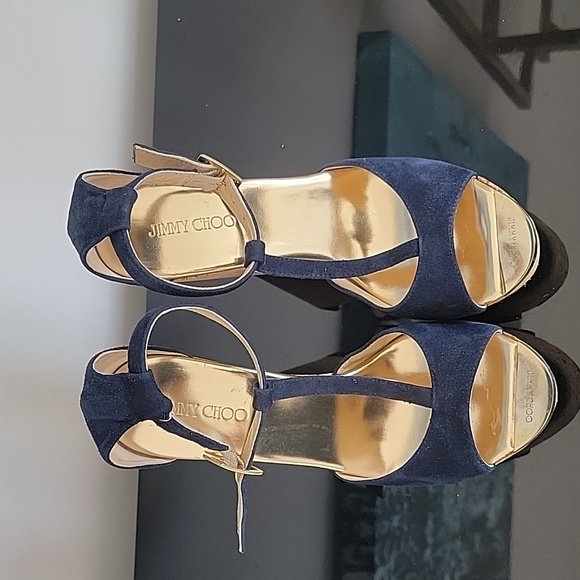 Jimmy Choo Blue Suede T Strap wedges 38.5 - Picture 5 of 7